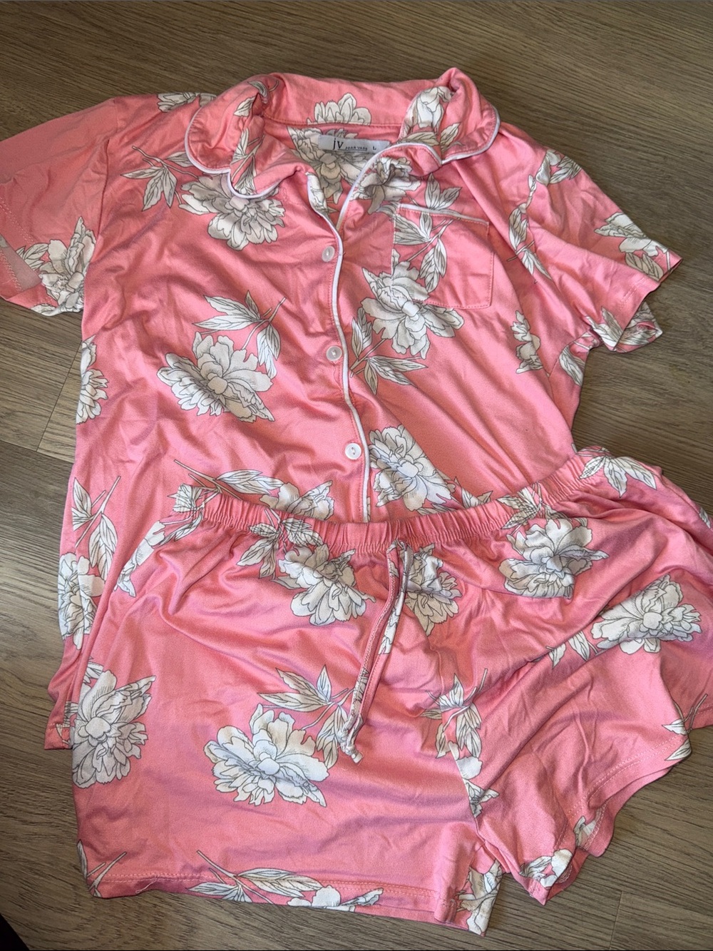 Joan Vass Pink Floral Short Pajama Set with White Flowers